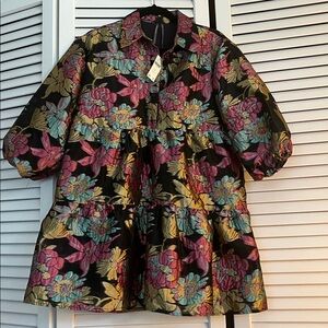 Anthropologie Black Floral Tiered Puff-Sleeve dress with Pink & Gold Accents